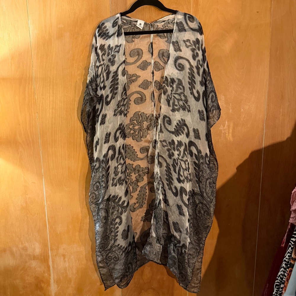 Jessica McClintock Black‎ & Silver Burnout Kimono Damask Paisley Sheer Wrap OS